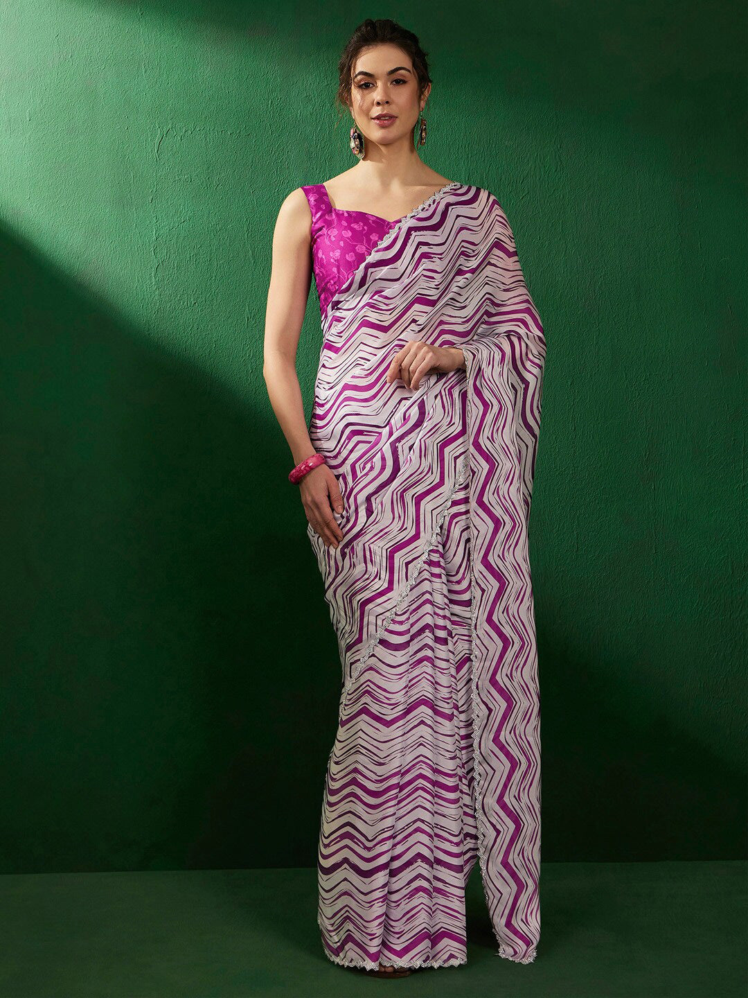 Sangria Geometric Printed Embellished Satin Saree - Distacart