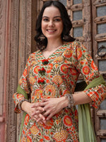 Thumbnail for Sangria Orange Printed Gotta Patti Detail Pure Cotton A-Line Kurta With Trousers & Dupatta - Distacart