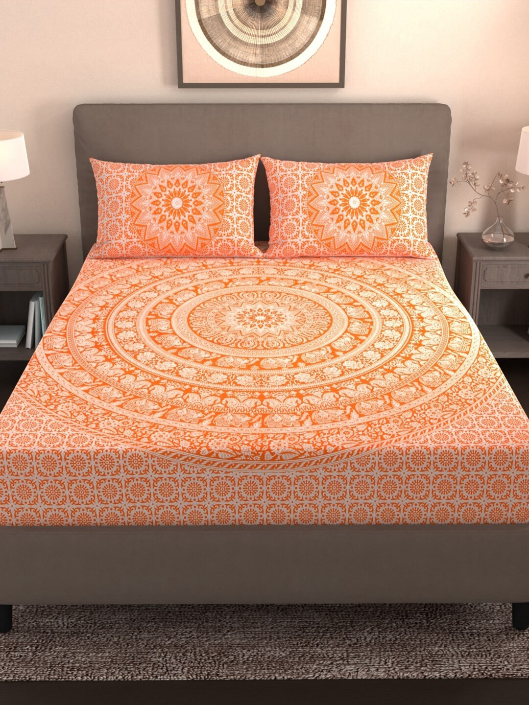 Varde Orange & White Ethnic Motifs Cotton 210 TC King Bedsheet With 2 Pillow Covers - Distacart