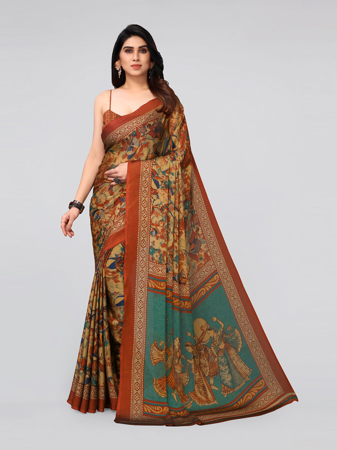 Kalini Orange And Mustard Yellow Ethnic Motifs Print Poly Chiffon Saree - Distacart