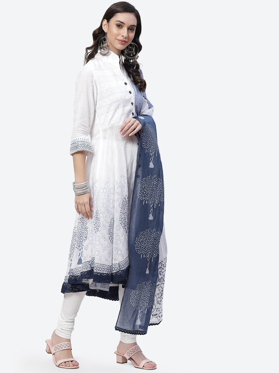 Biba Women White Ethnic Motifs Embroidered Pleated Thread Work Pure Cotton Kurta with Churidar & With Dupatta - Distacart