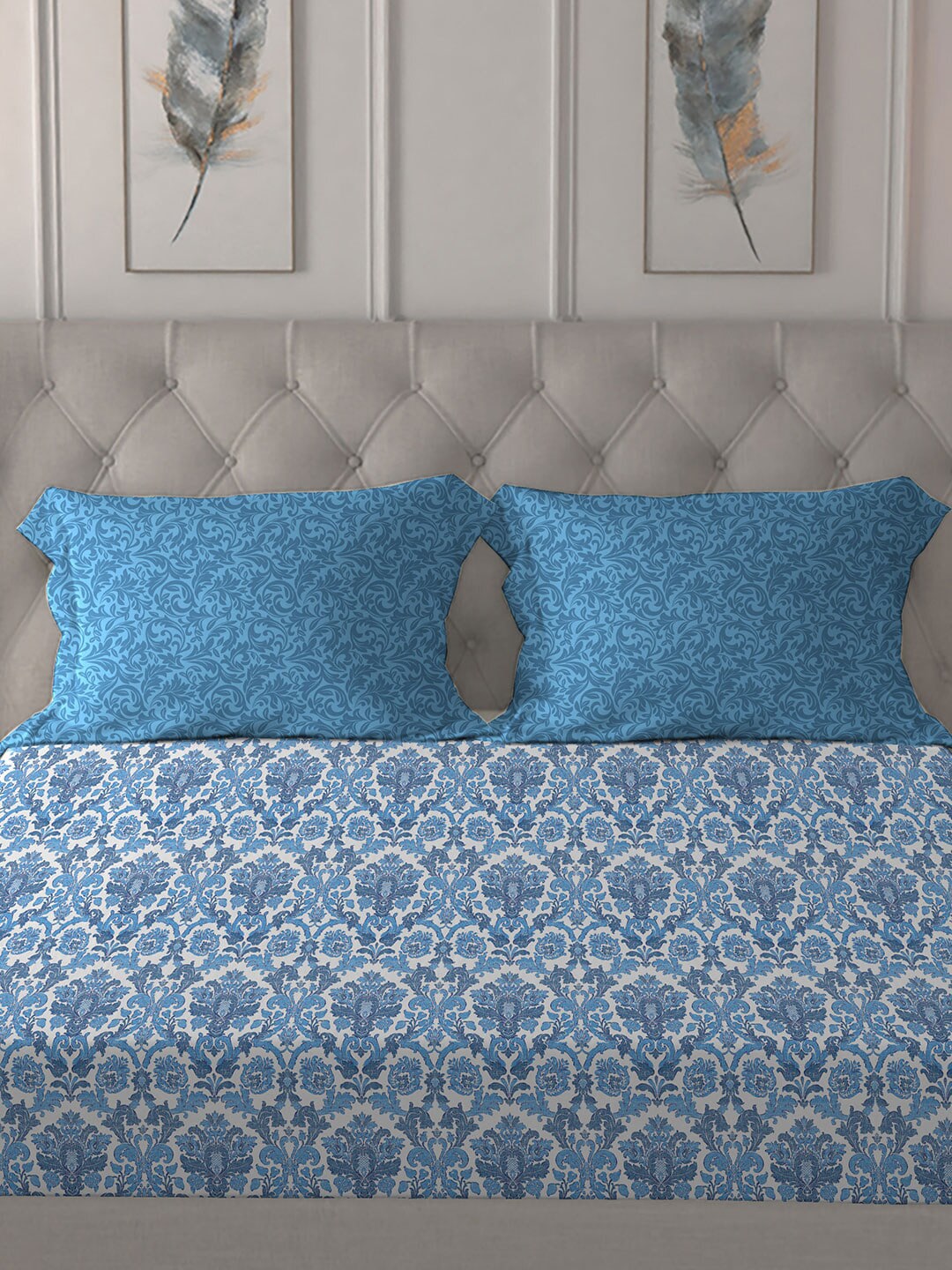 MYTRIDENT Blue White Ethnic Motifs Pure Cotton 120 TC Queen Bedsheet With 2 Pillow Covers - Distacart