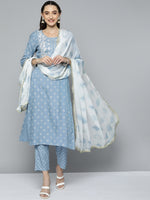 Thumbnail for HERE&NOW Women Blue & White Ethnic Embroidered Kurta with Trousers & With Dupatta - Distacart