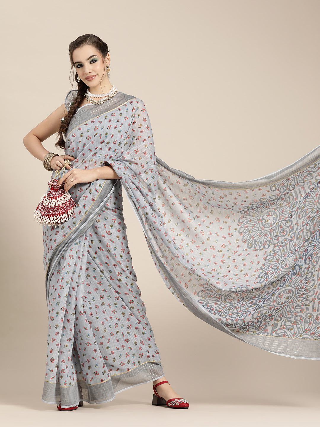 Saree Mall Grey & Maroon Floral Linen Blend Chanderi Saree - Distacart