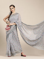 Thumbnail for Saree Mall Grey & Maroon Floral Linen Blend Chanderi Saree - Distacart