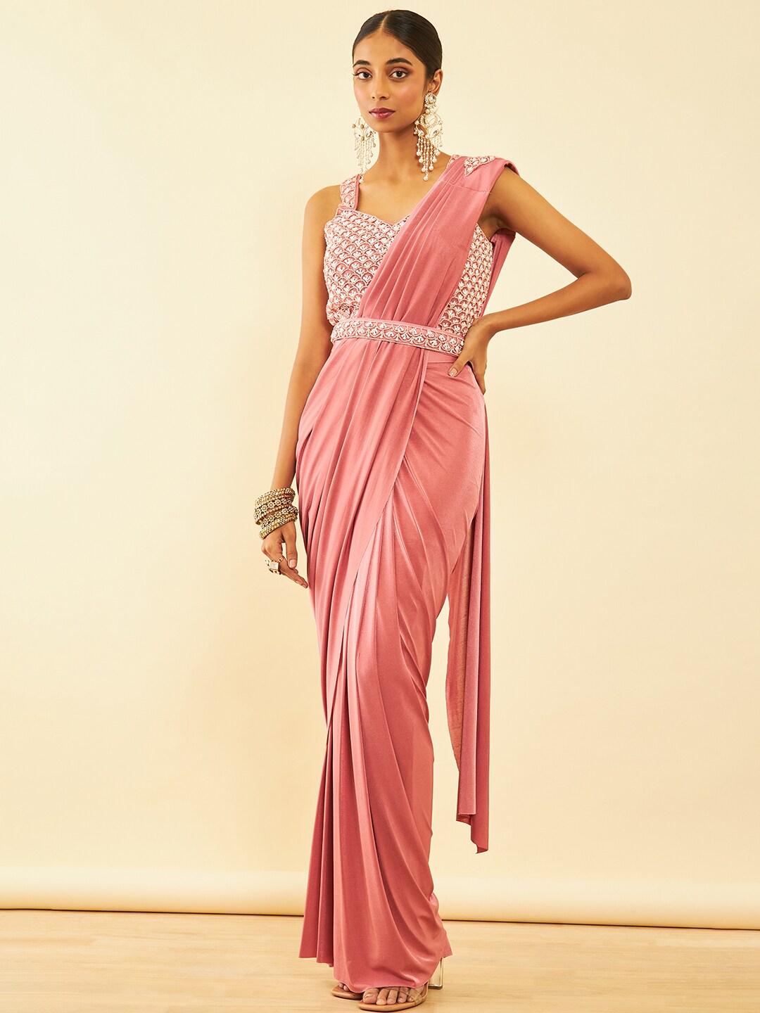 Soch Pink Beads and Stones Embellished Ready to Wear Saree - Distacart