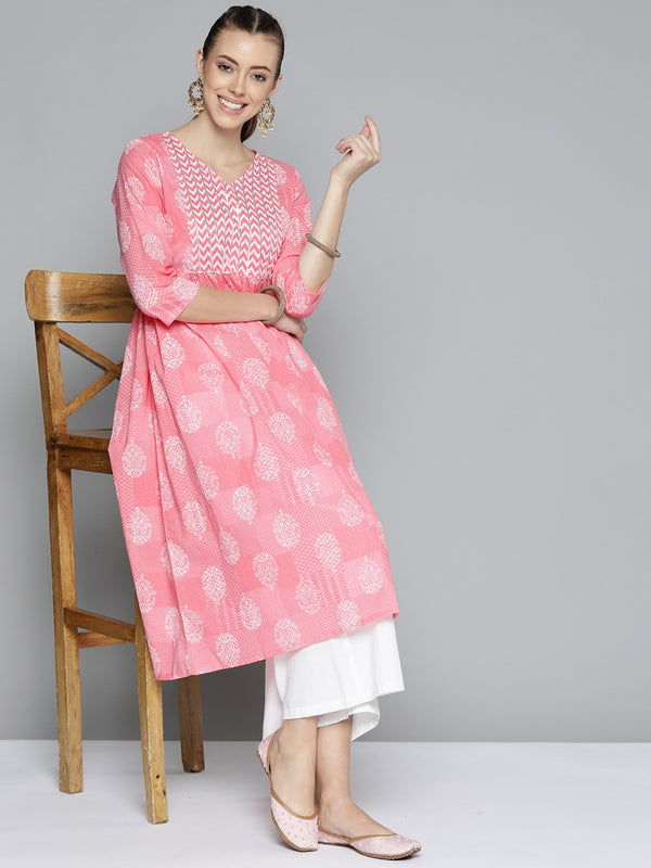 HERE&NOW Women Pink & White Ethnic Motifs Printed Gotta Patti Pure Cotton Kurta - Distacart