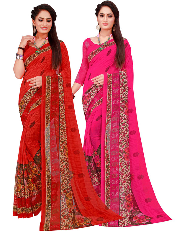 Kalini Pack of 2 Red & Magenta Floral Pure Georgette Sarees - Distacart