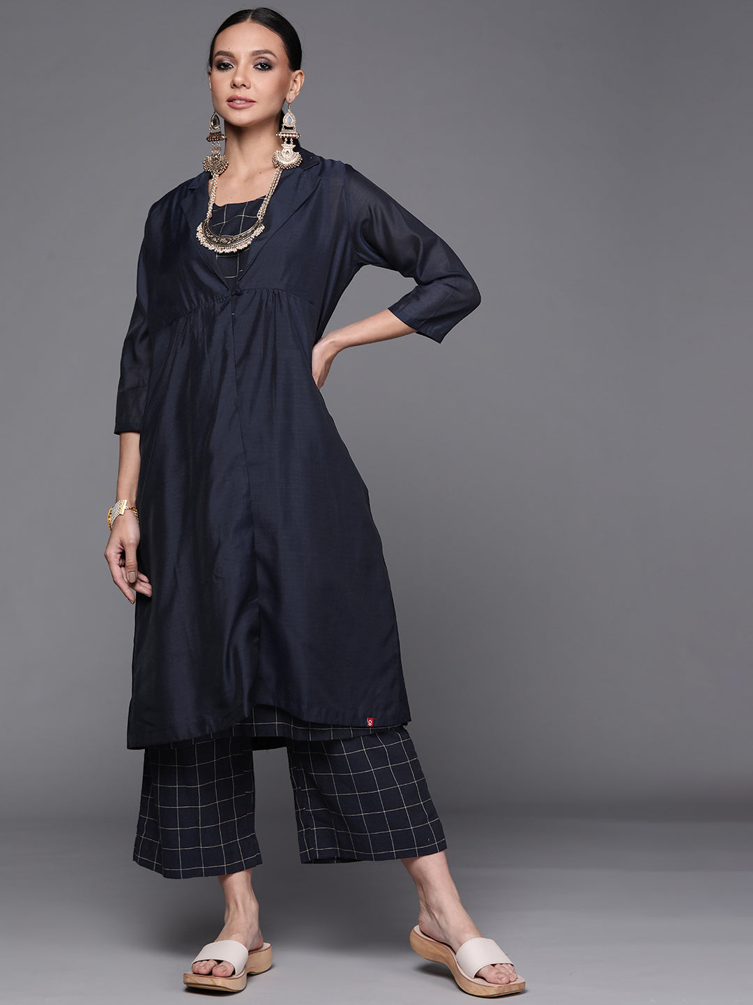 Biba Women Navy Blue & Beige Layered Pure Cotton Kurta with Trousers - Distacart