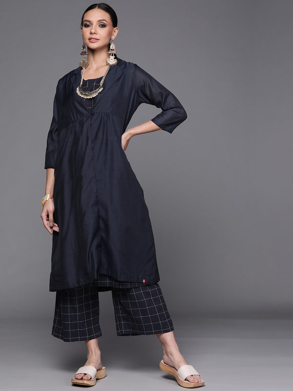 Biba Women Navy Blue & Beige Layered Pure Cotton Kurta with Trousers - Distacart