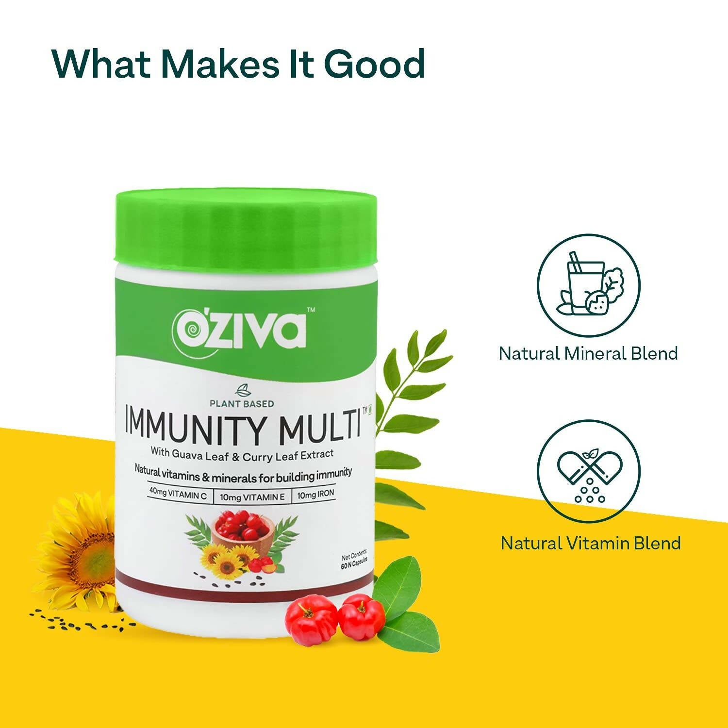 OZiva Plant Based Immunity Multivitamin with Guava Leaf & Curry Leaf Extract Capsules - Distacart