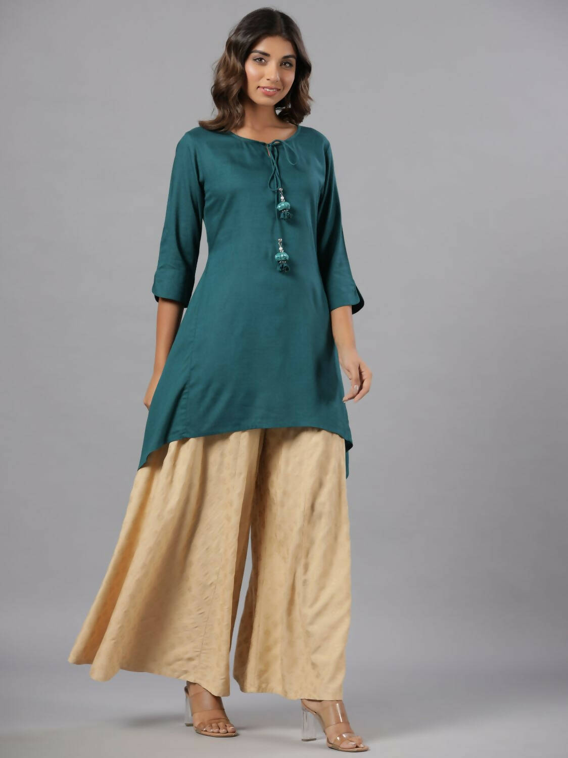 Juniper Women Teal Rayon Solid Asymmetric Kurta - Distacart