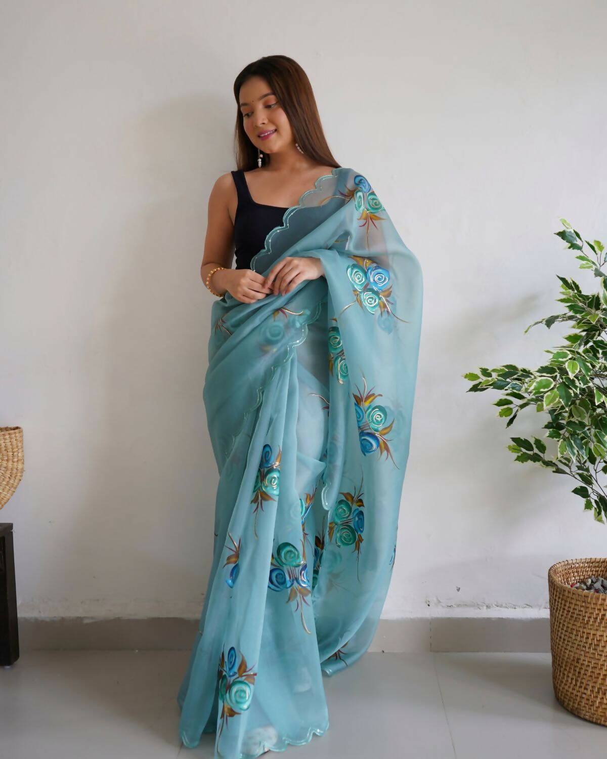 Vastrasky Sky Blue Organza Saree - Distacart