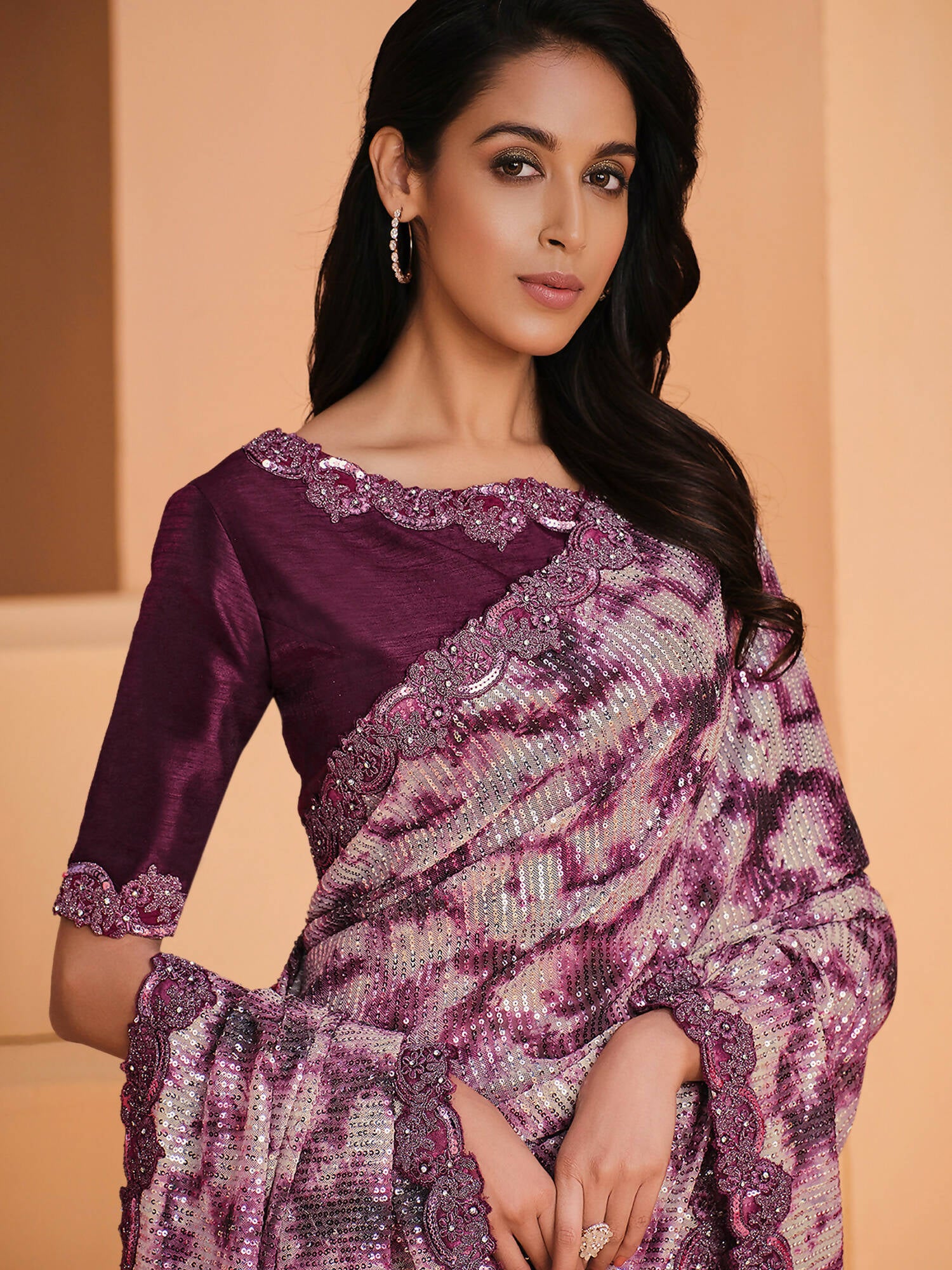 Purple Satin Crepe Silk Sequence Embroidered Saree With Unstitched Blouse - Mohmanthan Yavanika - Distacart