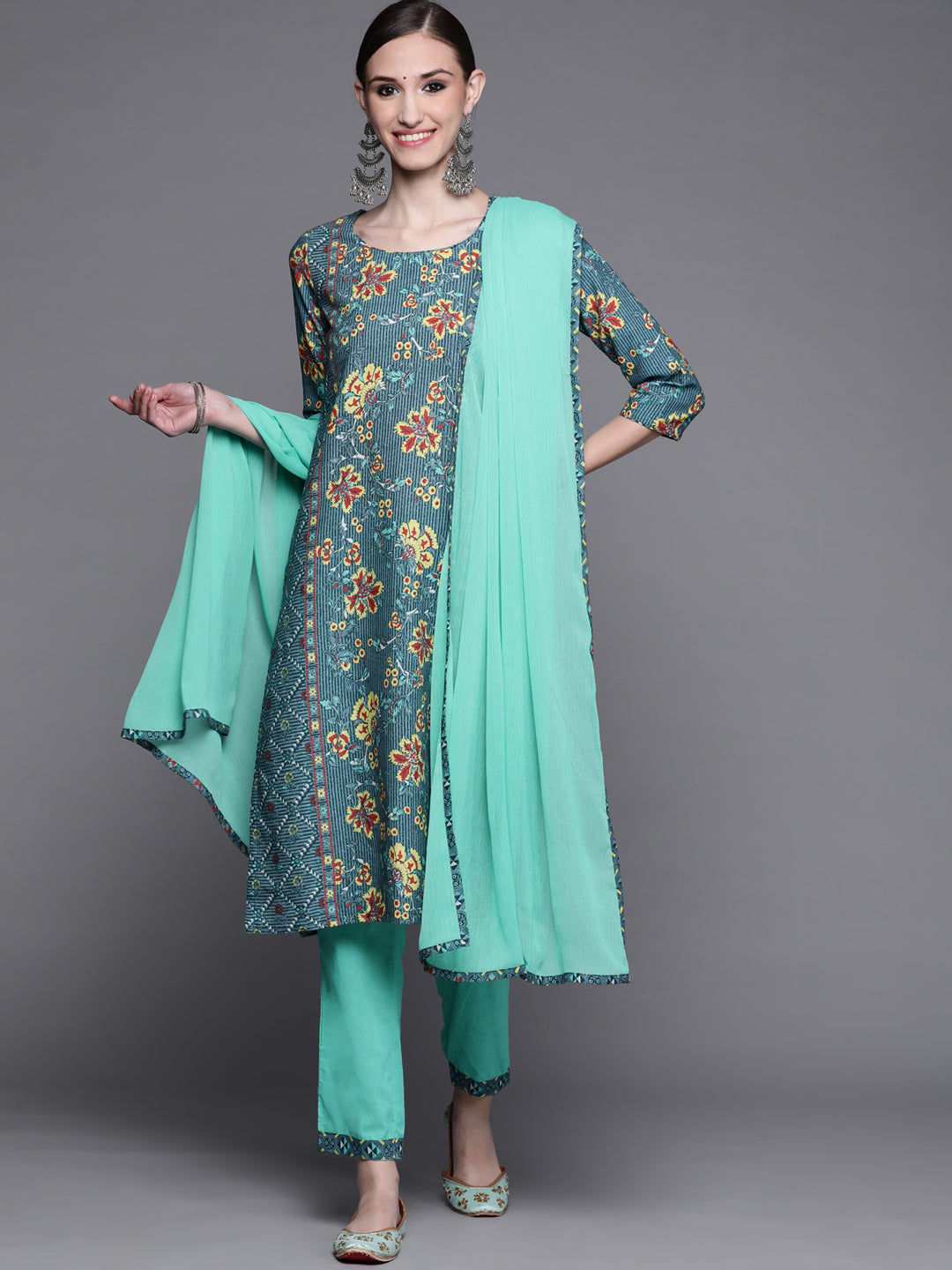 Biba Women Blue & Yellow Floral Print Pure Cotton Kurta with Trousers & Dupatta - Distacart