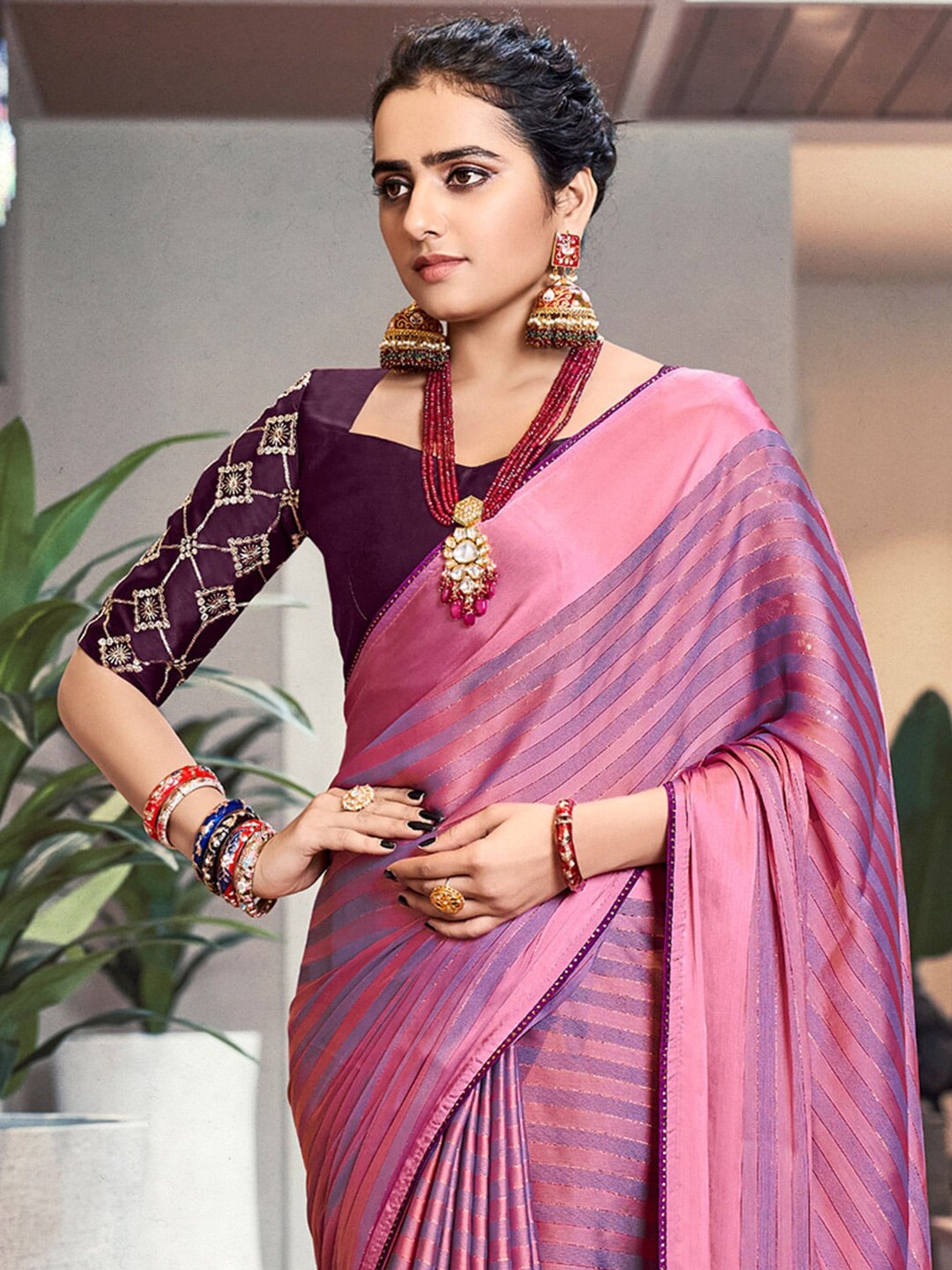 Saree Mall Magenta & Purple Striped Zari Saree - Distacart