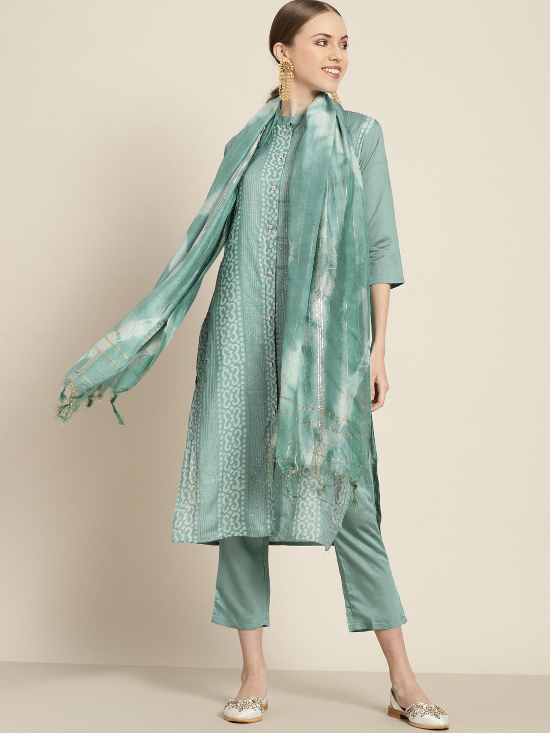 Sangria Women Sea Green Ethnic Motifs Sequinned Liva Kurta with Trousers & With Dupatta - Distacart