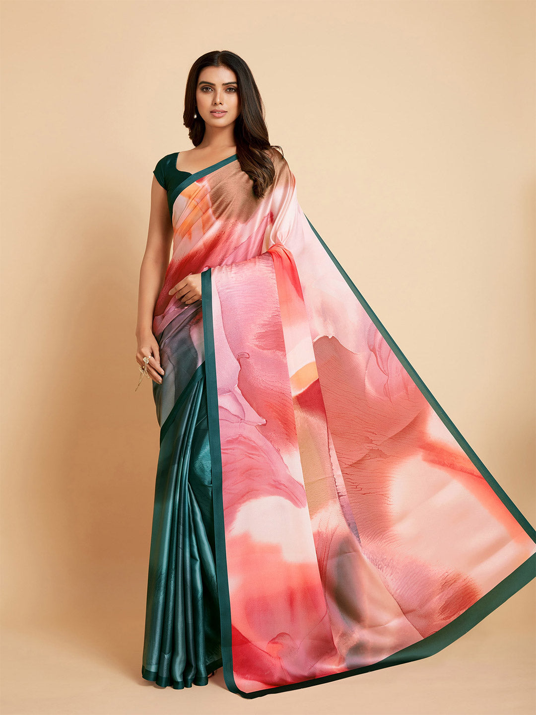 Sangria Peach-Coloured & Blue Satin Ready to Wear Saree - Distacart