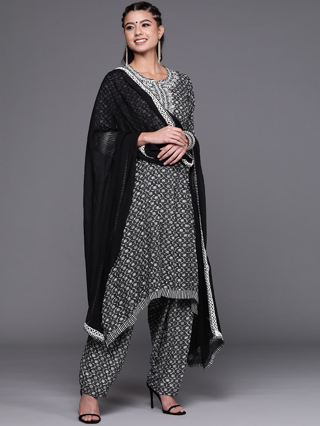 Biba Women Black & White Motifs Print Kurta with Salwar & Dupatta - Distacart