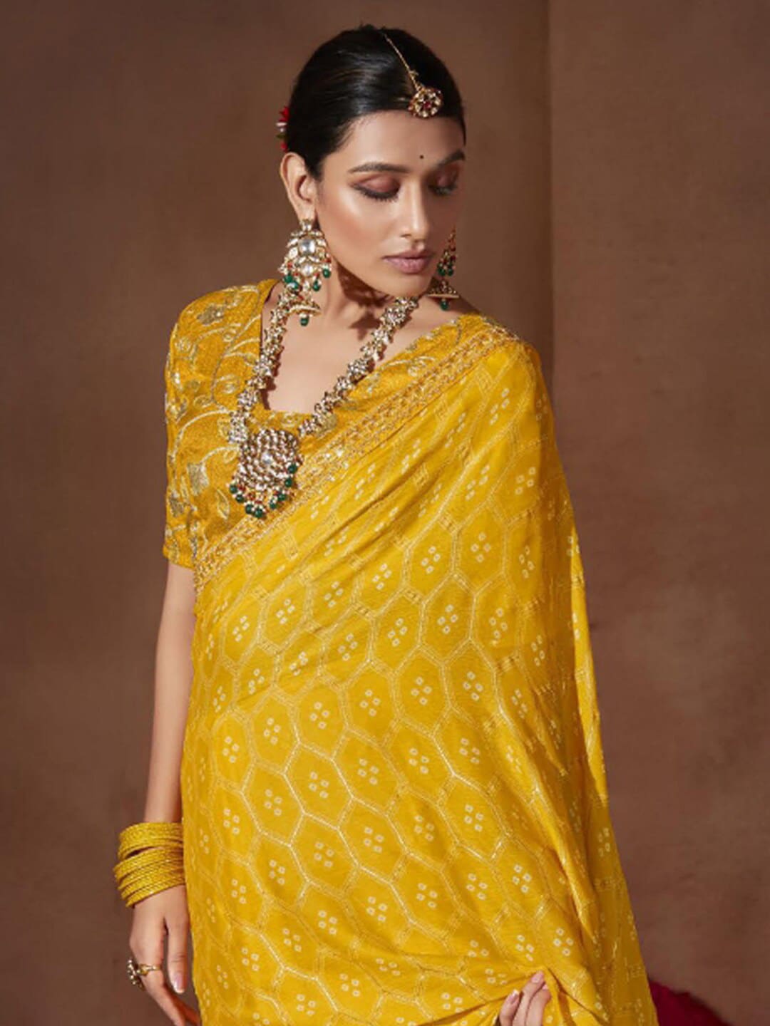 Anouk Yellow & White Bandhani Printed Sequined Pure Chiffon Bandhani Saree - Distacart