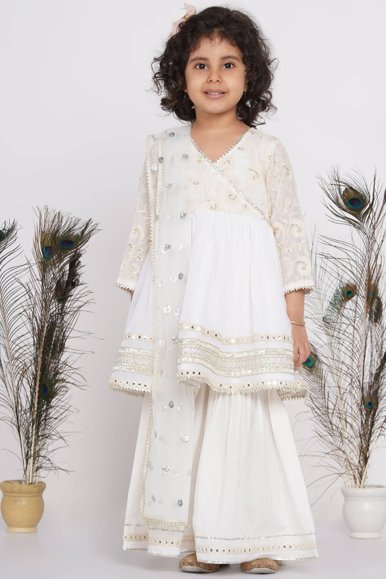 Little Bansi Cotton Floral Embroidery & Lacework Kurta with Sharara & Dupatta - White - Distacart