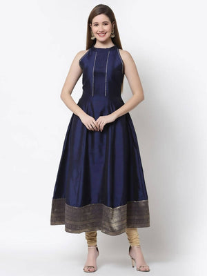Myshka Blue Color Silk blend Solid Sleeveless Anarkali Gown With Dupatta