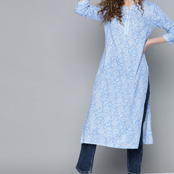 HERE&NOW Women Blue & White Paisley Printed Cotton Kurta - Distacart
