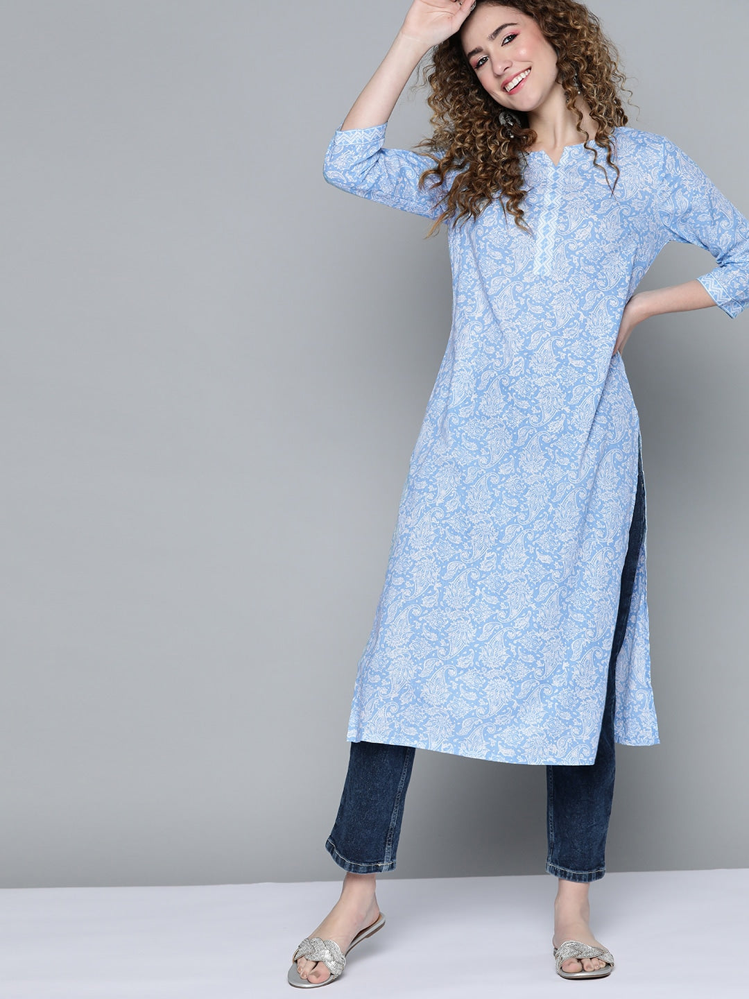 HERE&NOW Women Blue & White Paisley Printed Cotton Kurta - Distacart
