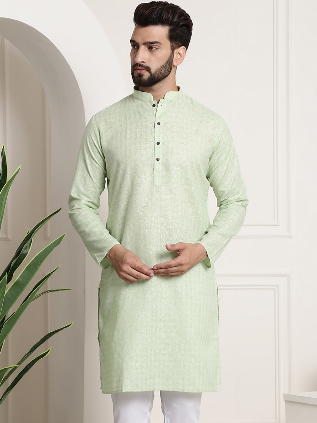 Sojanya Men Green Dobby Checked Straight Kurta - Distacart