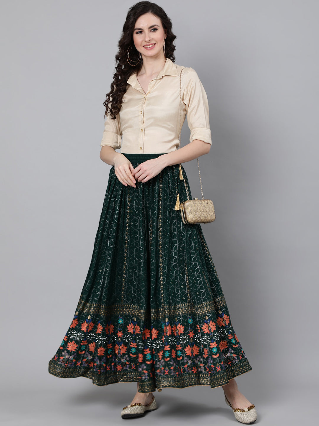 Jaipur Kurti Women Green & Peach-Coloured Floral Khadi Printed Flared Maxi Skirt - Distacart