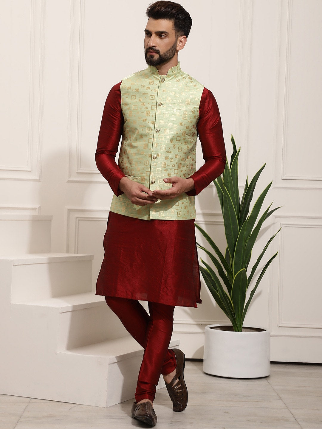 Sojanya Men Maroon Solid Kurta Set & Nehru Jacket - Distacart