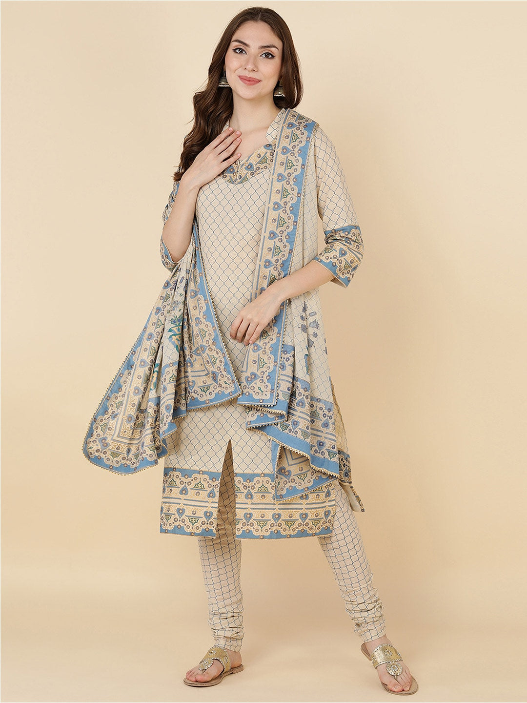 HERE&NOW Women Beige Printed Pure Cotton Kurta with Churidar & With Dupatta - Distacart