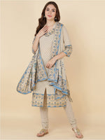 Thumbnail for HERE&NOW Women Beige Printed Pure Cotton Kurta with Churidar & With Dupatta - Distacart