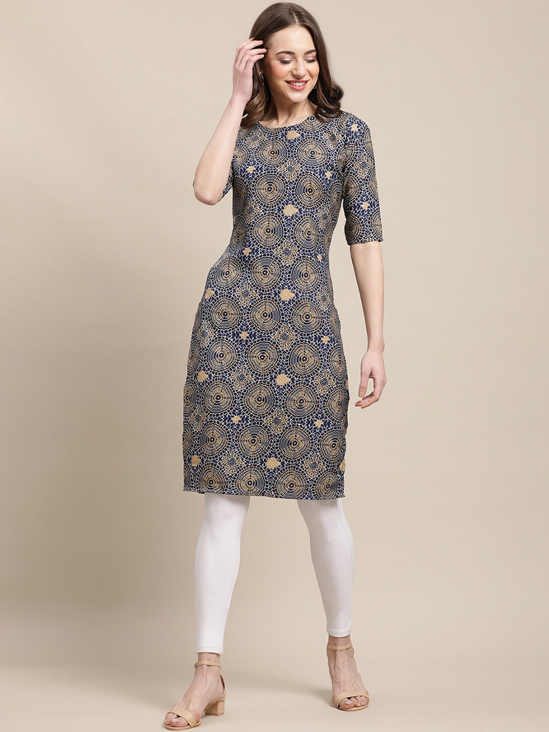 Kalini Women Navy Blue Ethnic Motifs Printed Crepe Kurta - Distacart