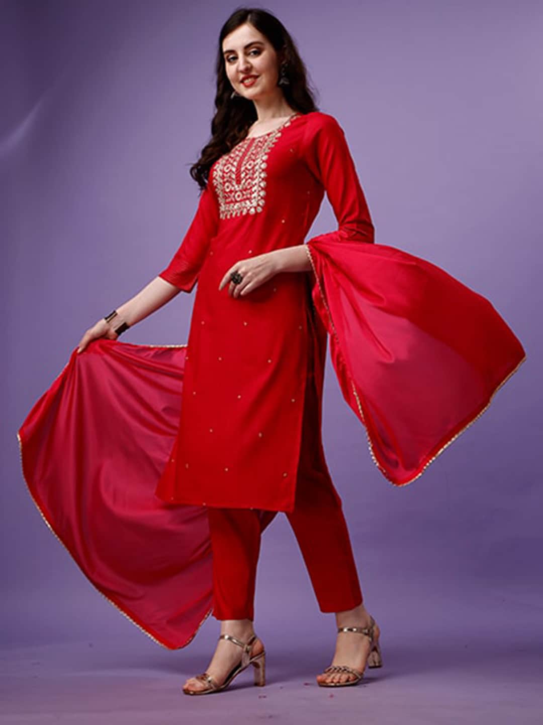 Kalini Women Red Embroidered Regular Thread Work Kurta with Trousers & With Dupatta - Distacart