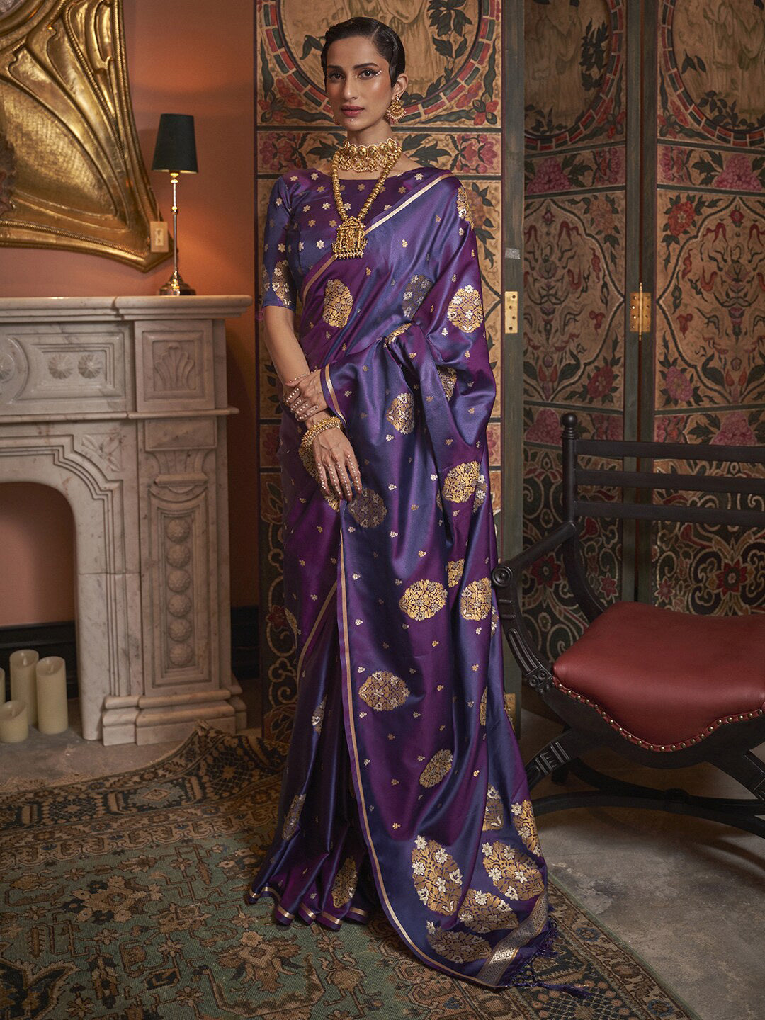 Mitera Purple & Brown Floral Zari Silk Blend Banarasi Saree - Distacart