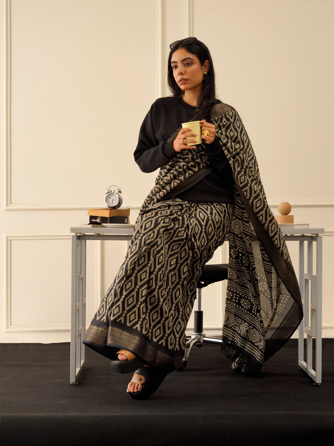 Tikhi Imli Black & Gold Geometric Printed Ready To Wear Saree - Distacart