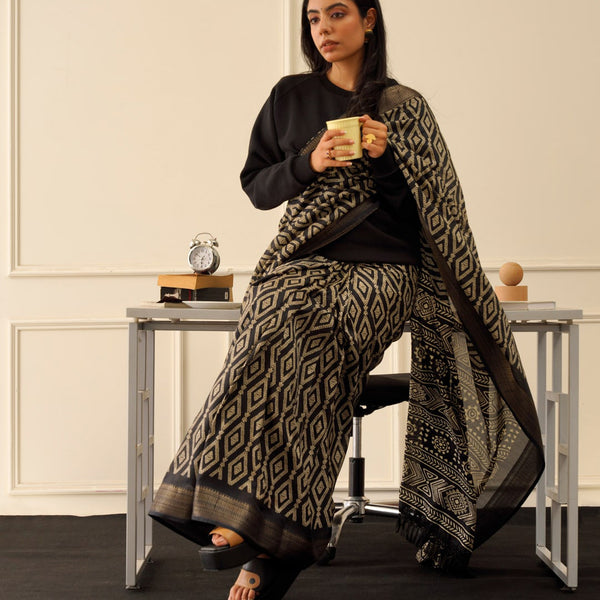 Tikhi Imli Black & Gold Geometric Printed Ready To Wear Saree - Distacart