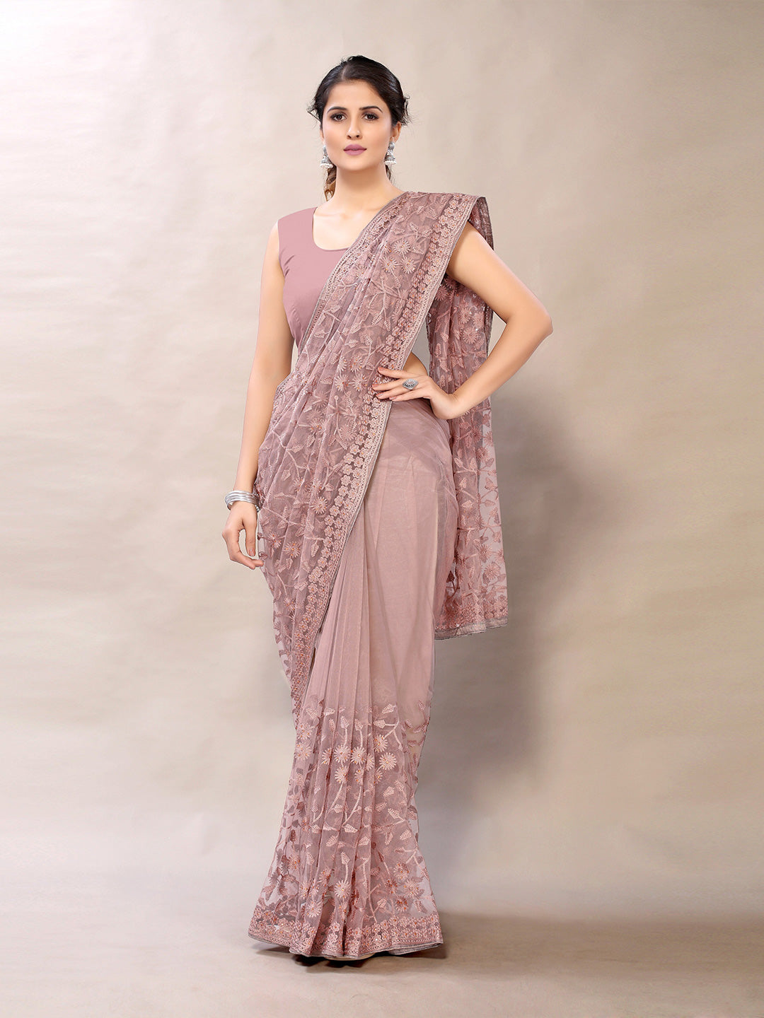 Sangria Pink Floral Net Embroidered Heavy Work Saree - Distacart