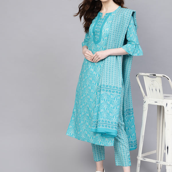 Jaipur Kurti Women Blue & White Printed Kurta with Trousers & Dupatta - Distacart