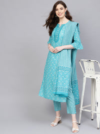Thumbnail for Jaipur Kurti Women Blue & White Printed Kurta with Trousers & Dupatta - Distacart