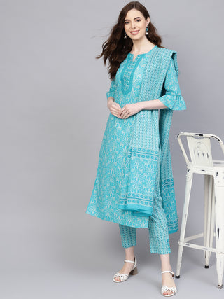 Jaipur Kurti Women Blue & White Printed Kurta with Trousers & Dupatta - Distacart