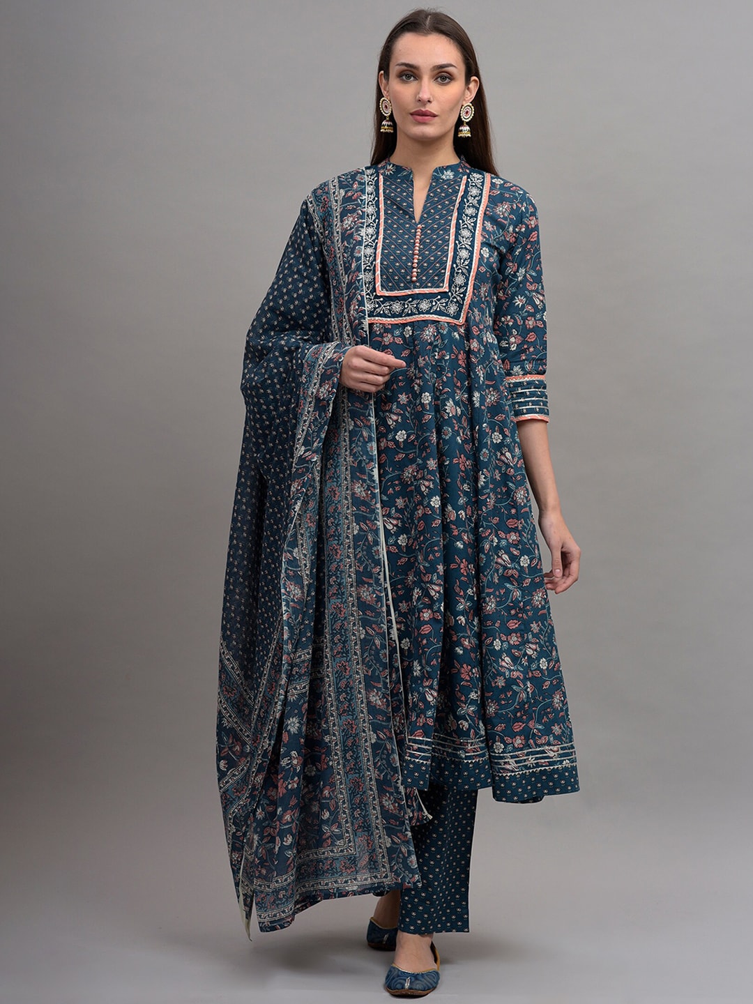 Kalini Women Floral Printed Panelled Gotta Patti Pure Cotton Kurta With Trousers & Dupatta - Distacart