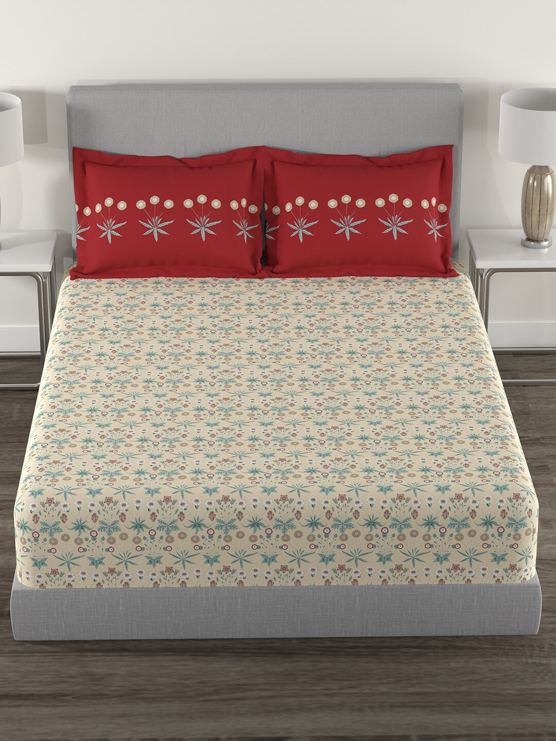 MYTRIDENT Beige Green Floral Cotton 144 TC Queen Bedsheet With 2 Pillow Covers - Distacart