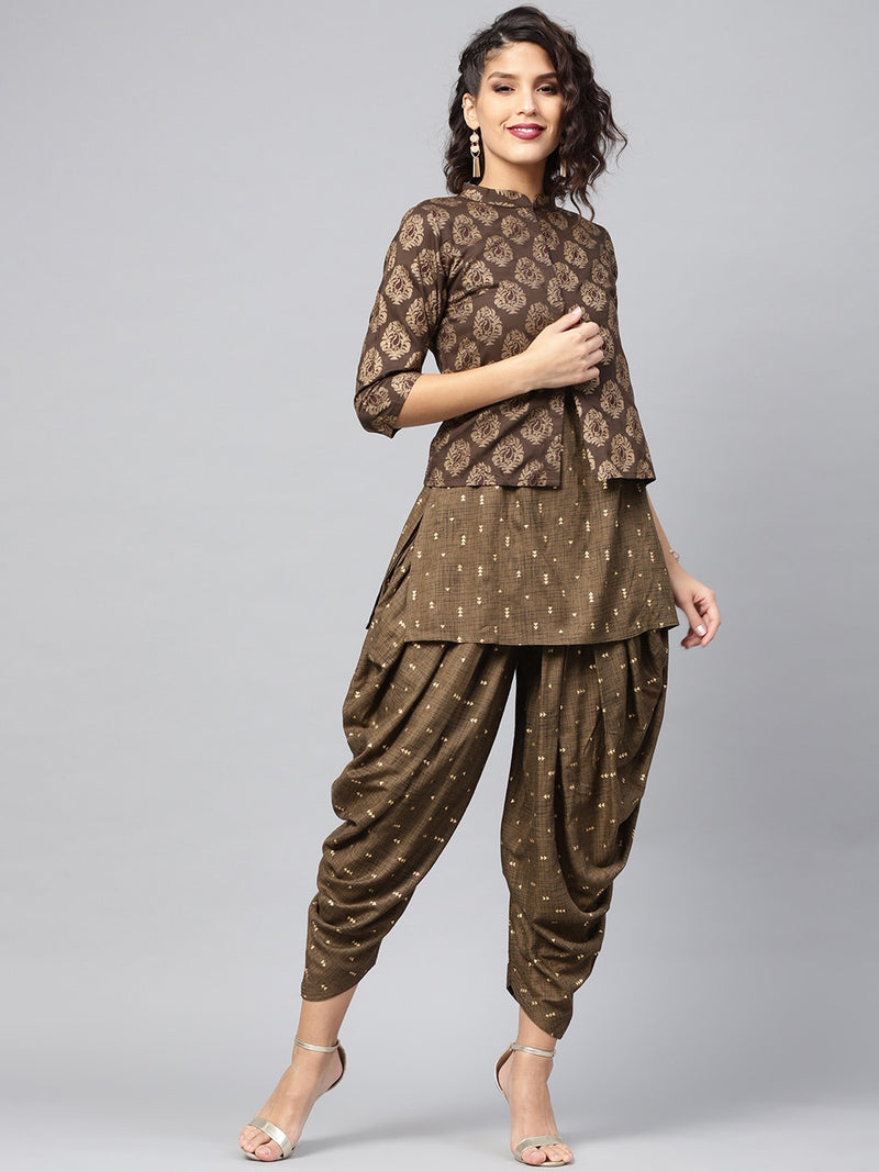 Libas Olive Brown &amp; Golden Printed Kurti with Dhoti Pants &amp; Ethnic Jacket - Distacart