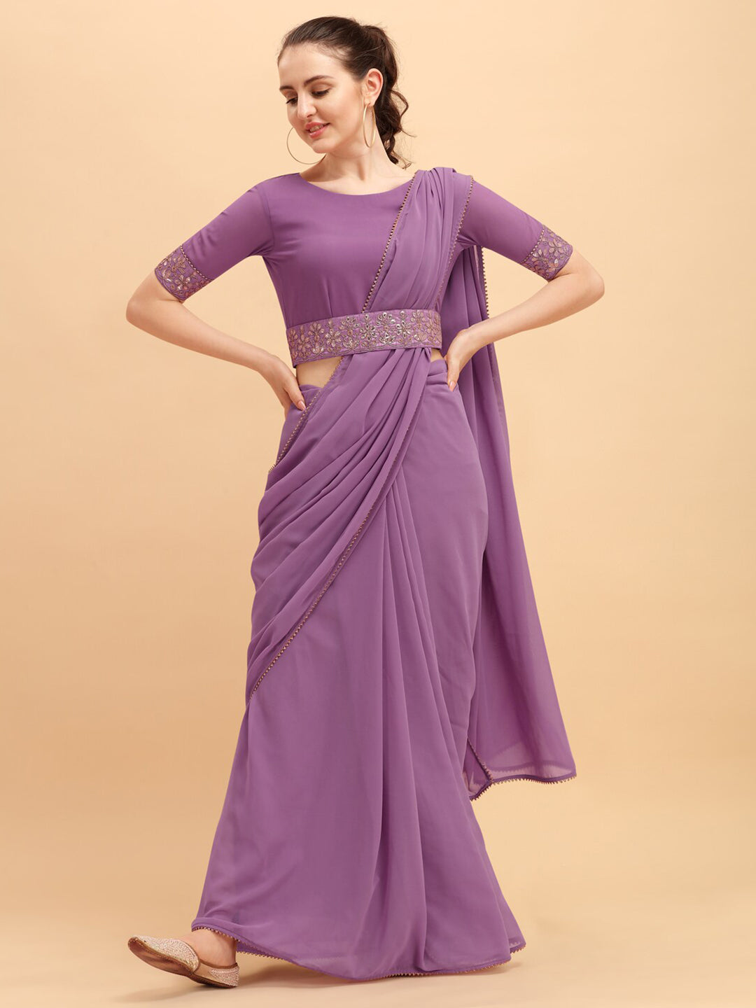 Sangria Women Purple Solid Georgette Saree with Embellished Belt - Distacart