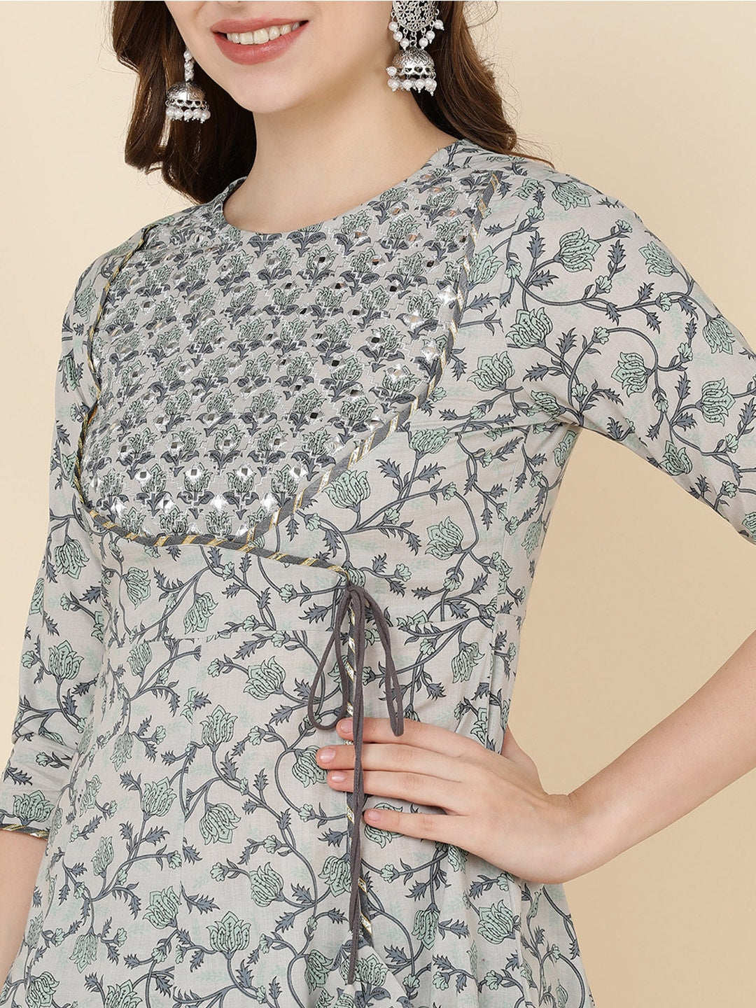 HERE&NOW Women Grey & Olive Green Embroidered Angrakha Kurta with Trousers & With Dupatta - Distacart