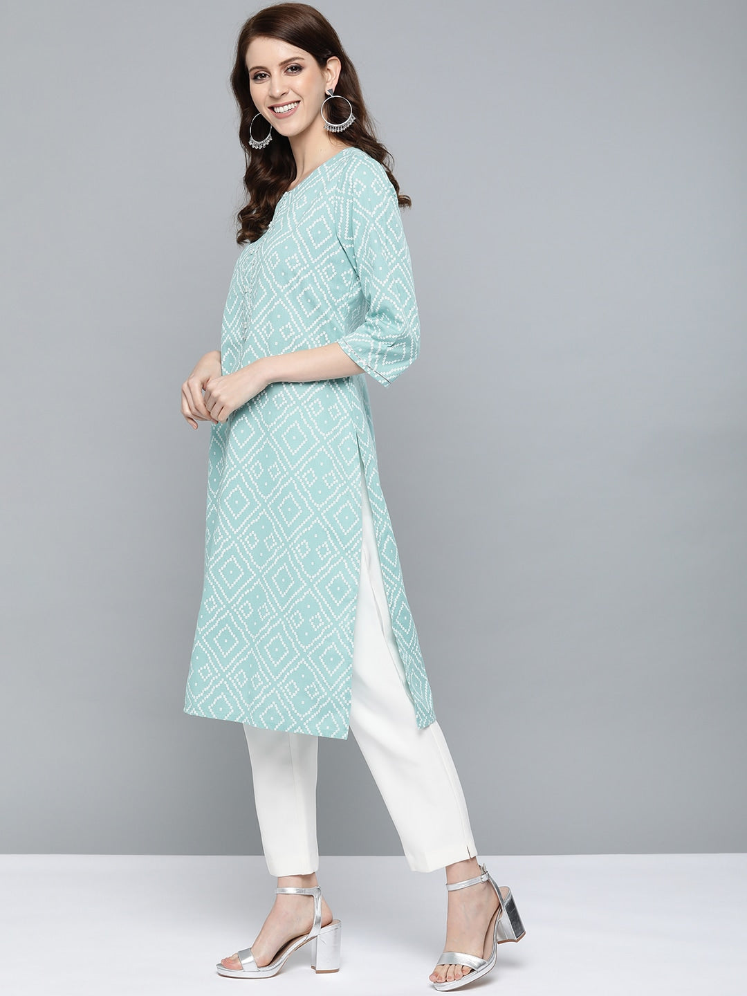 HERE&NOW Women Green & White Bandhani Print Straight Kurta - Distacart