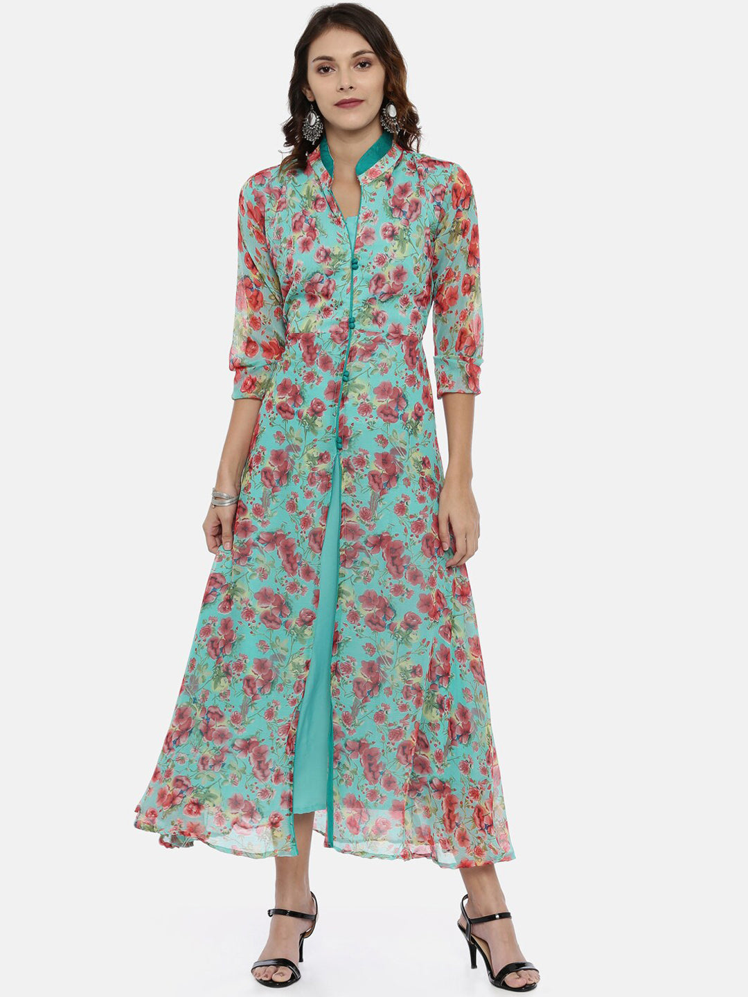 Souchii Women Turquoise Blue & Pink Floral Print Ethnic Maxi Dress - Distacart
