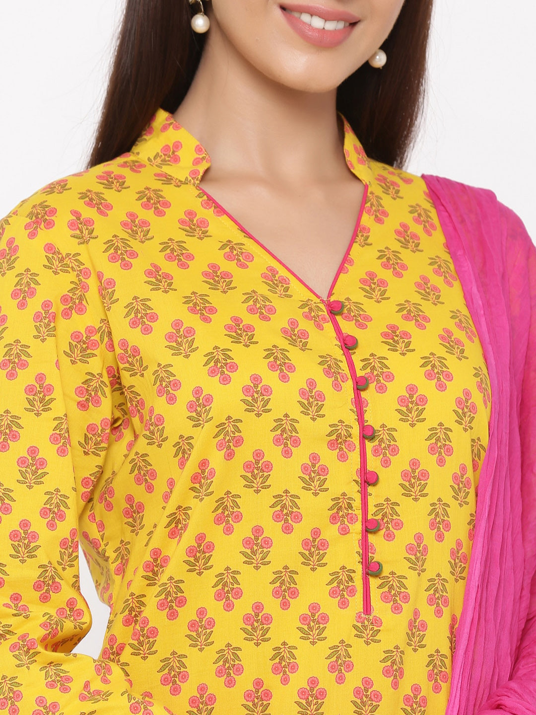 Jaipur Kurti Women Yellow & Pink Floral Printed Kurta with Salwar & Dupatta - Distacart